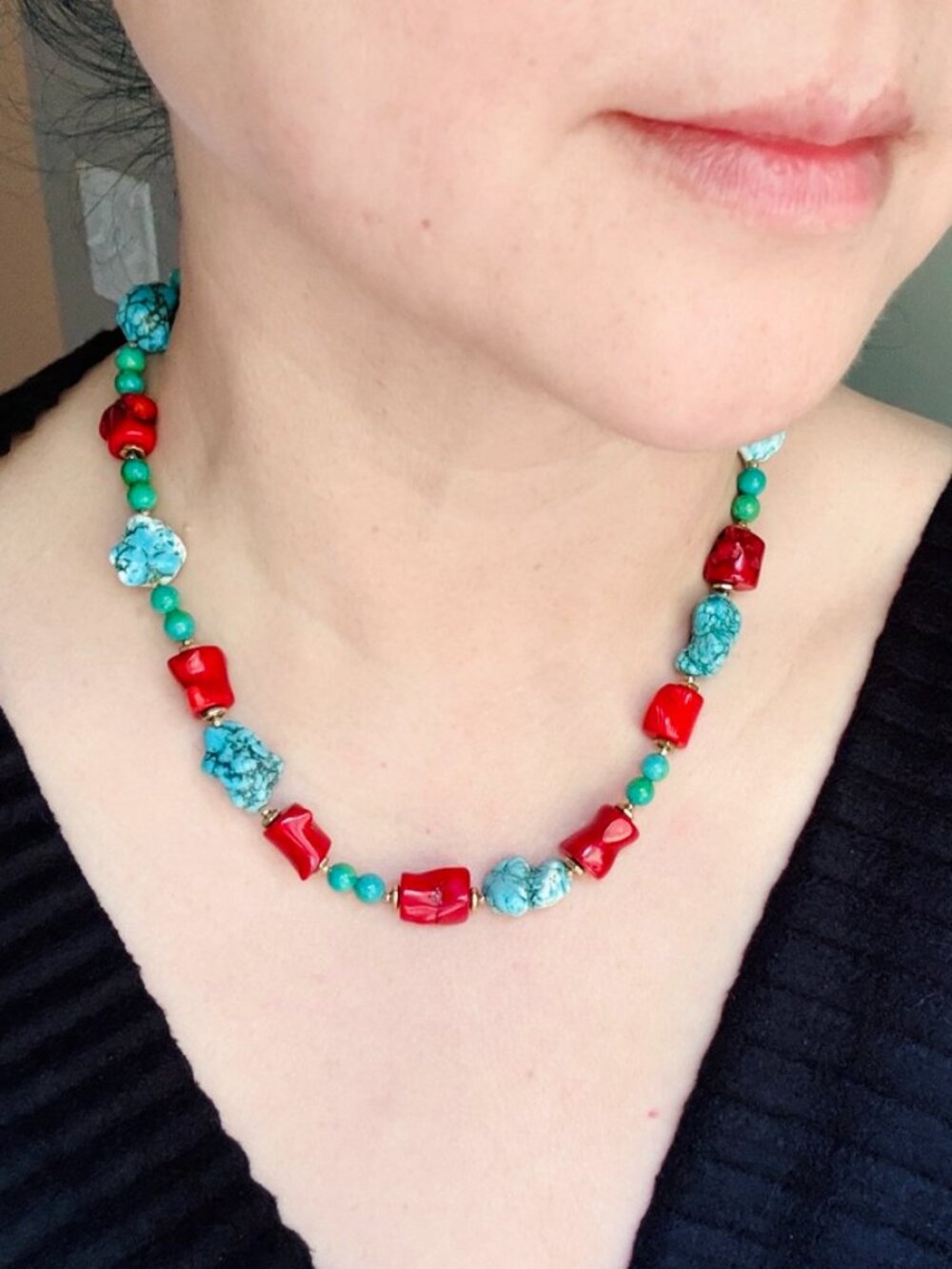 Handmade turquoise and real coral statement necklace